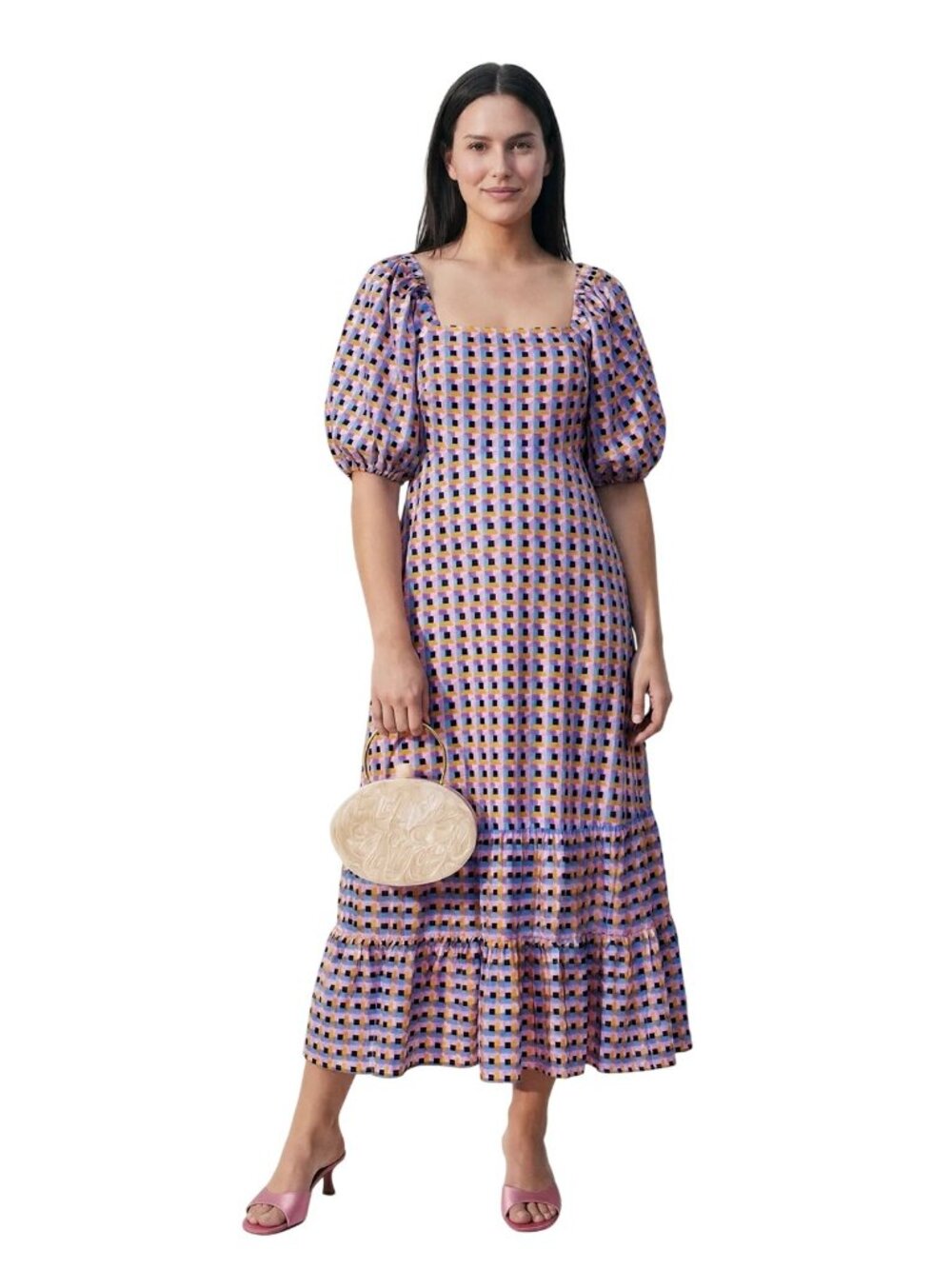 Tanya Taylor Printed Cynthia Dress in Purple Abstract 8 Womens Midi Puff Sleeve